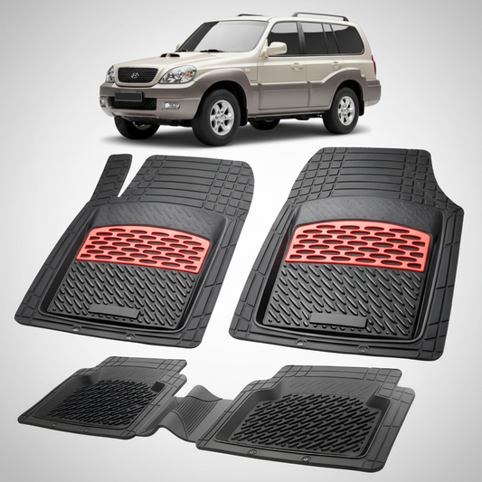 Set of black car floor mats with red accents on a white background, displayed in front of a beige SUV.