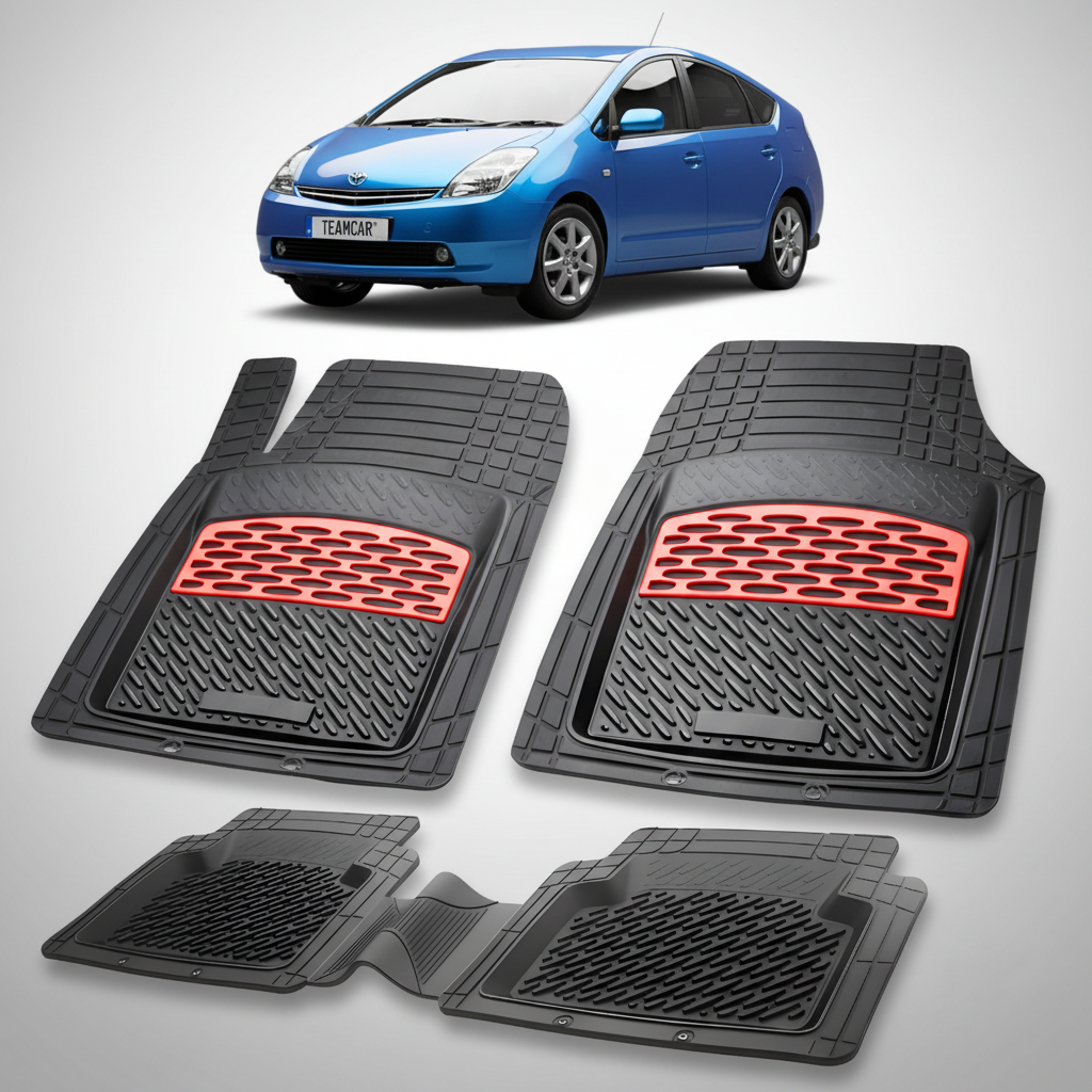 Set of black car floor mats with red accents on a white background, featuring a blue car.