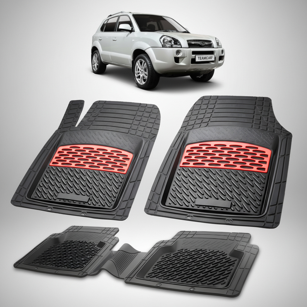 Set of black car floor mats with red accents on a white background, featuring a silver SUV.