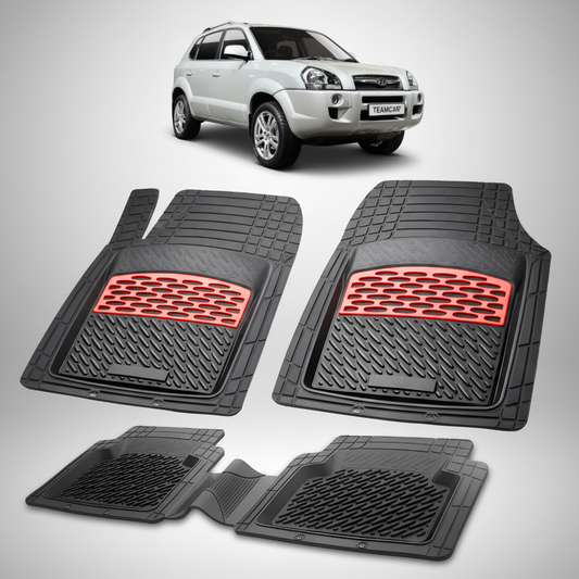 Set of black car floor mats with red accents on a white background, featuring a silver SUV.
