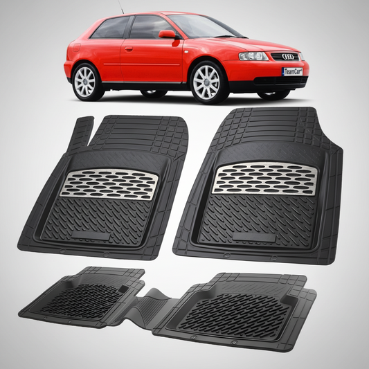 Set of black car floor mats with a red car in the background