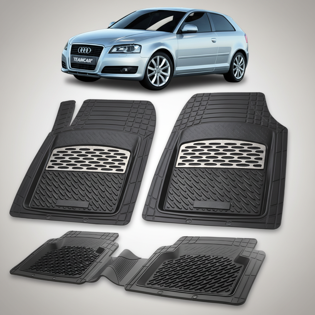 Set of black car floor mats with a car in the background
