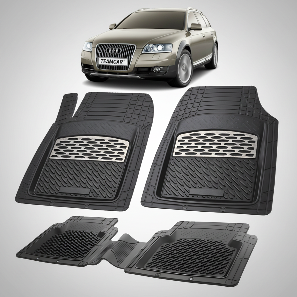 Set of black car floor mats with an Audi vehicle in the background