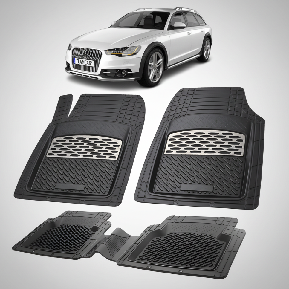 Set of black car floor mats with a white Audi car in the background