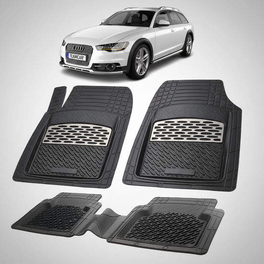 Set of black car floor mats with a white Audi car in the background