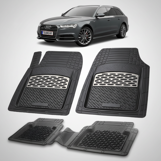 Set of black car floor mats with Audi logo in the background