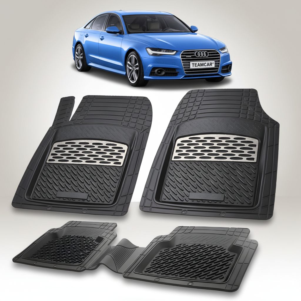 Set of black car floor mats with a blue Audi car in the background