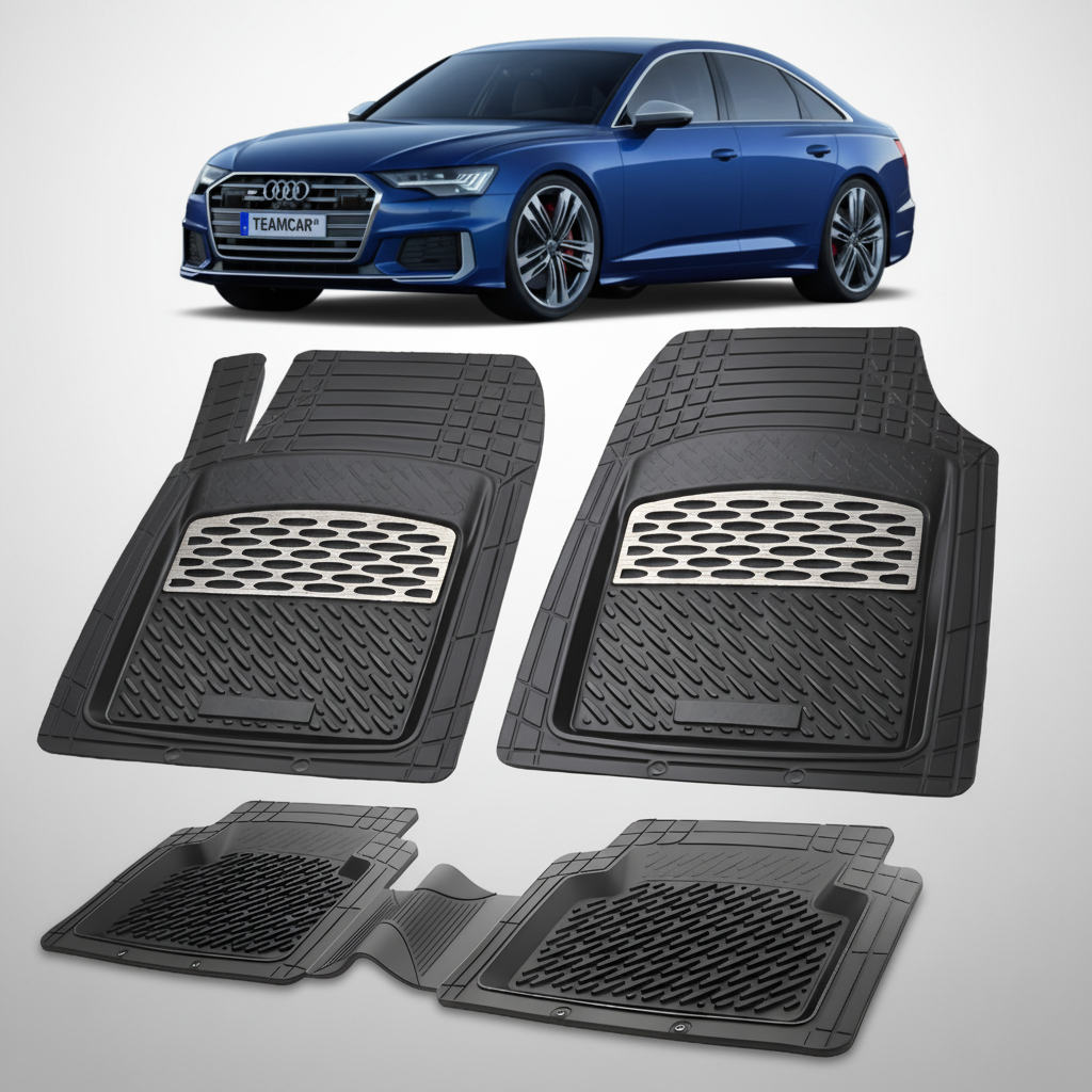 Set of black car floor mats with Audi logo in the background