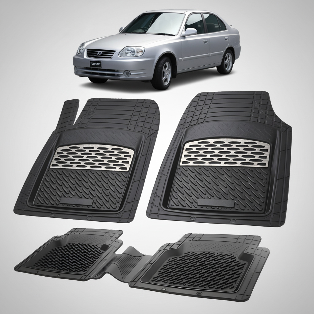 Set of black car floor mats with a silver car in the background