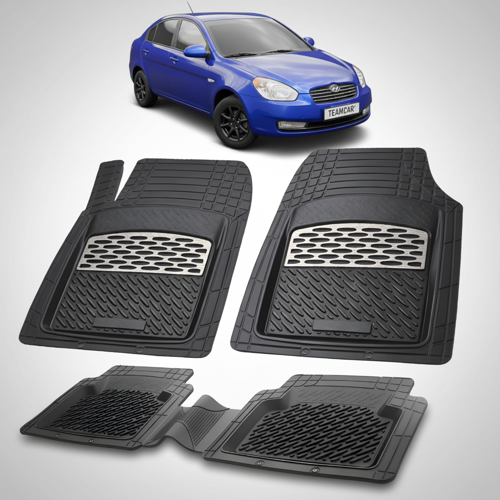 Set of black car floor mats with a blue car in the background