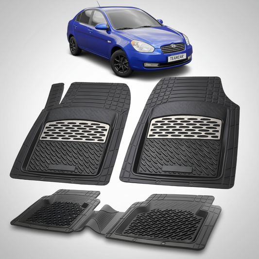 Set of black car floor mats with a blue car in the background