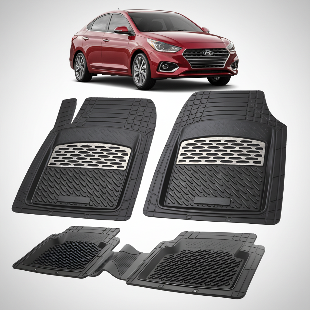 Set of black car floor mats with a red car in the background
