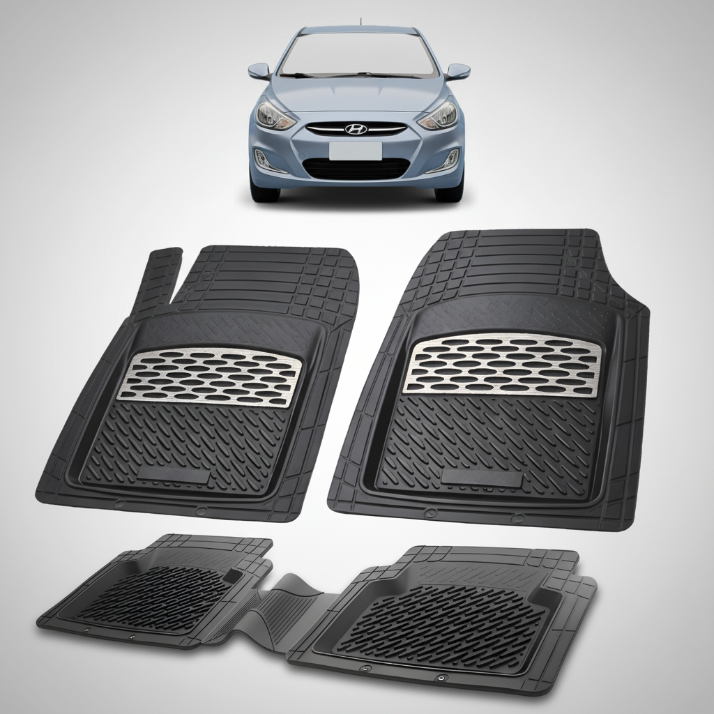 Set of black car floor mats with a Hyundai car in the background