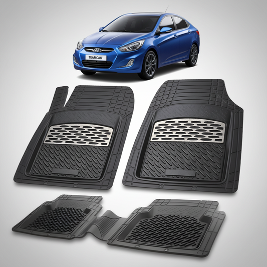 Set of black car floor mats with a blue Hyundai car in the background