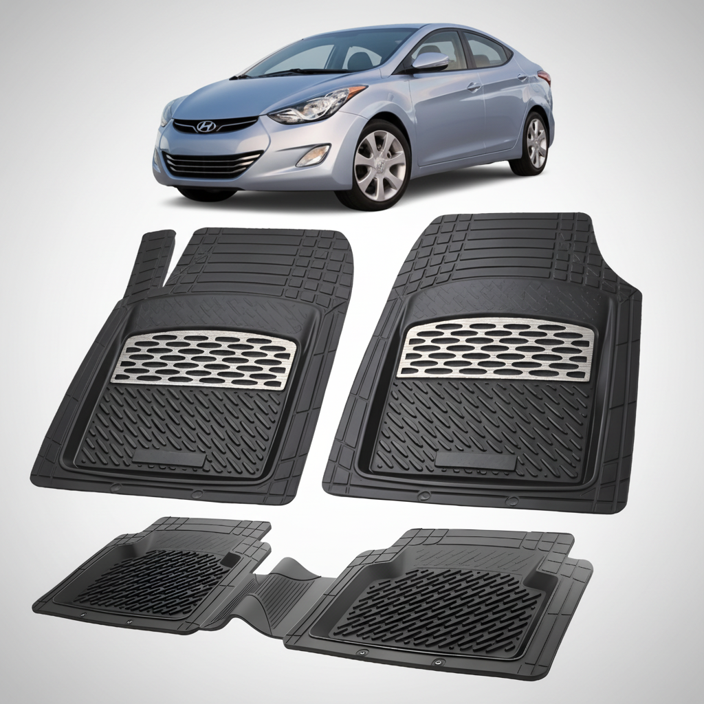 Set of black car floor mats with a Hyundai car in the background