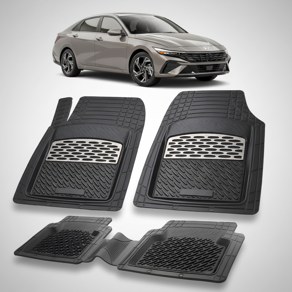 Set of black car floor mats with a car in the background