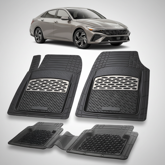 Set of black car floor mats with a car in the background
