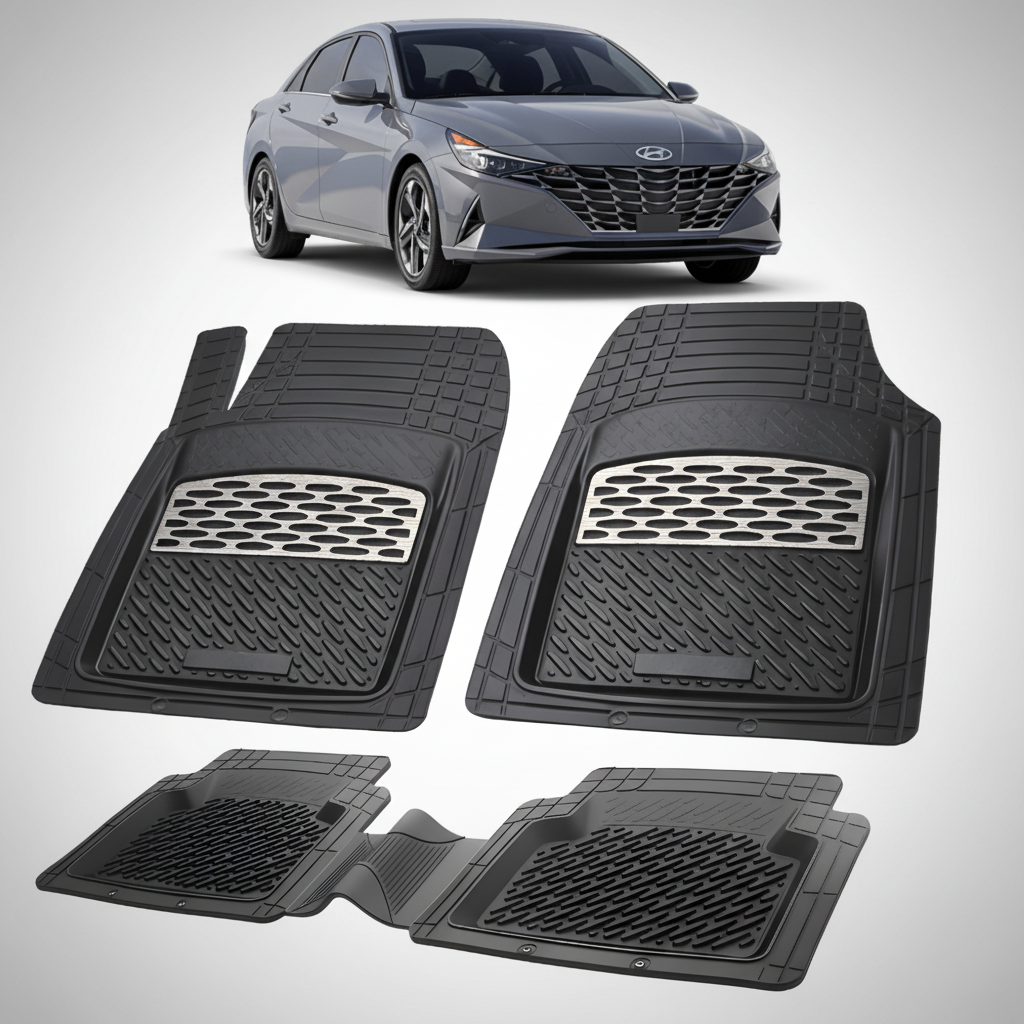 Set of black car floor mats with a car in the background