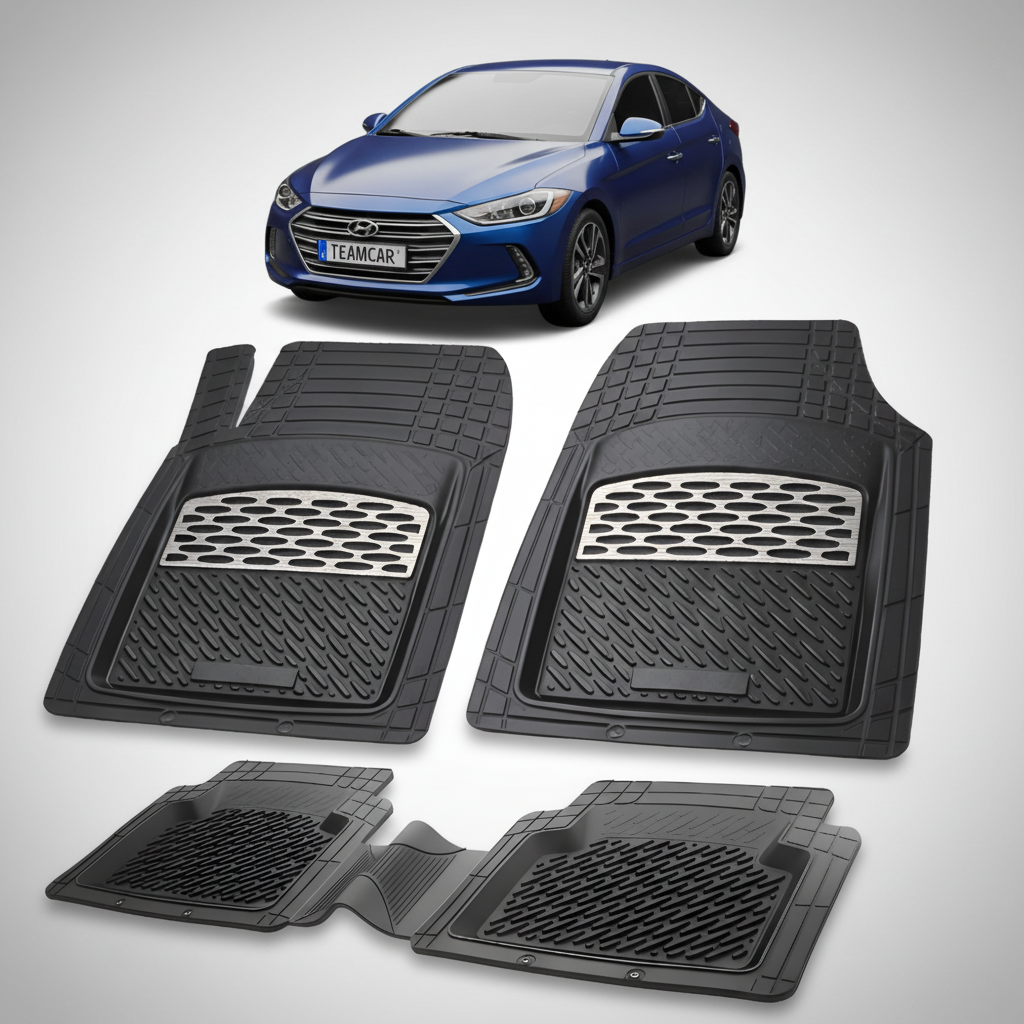 Set of black car floor mats with a blue car in the background