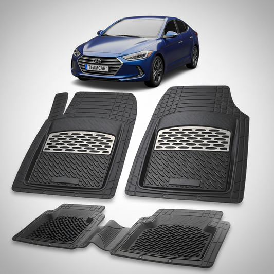 Set of black car floor mats with a blue car in the background