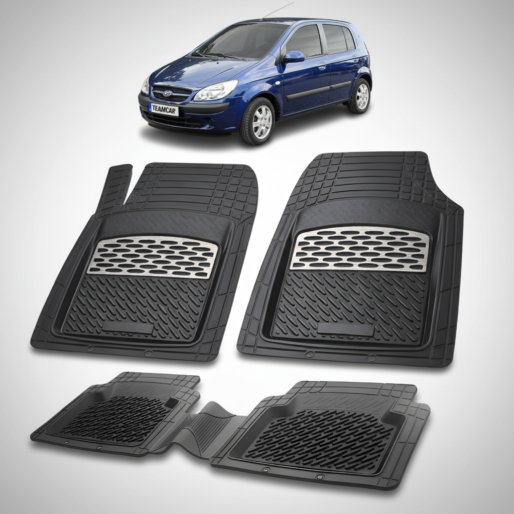 Set of black car floor mats with a blue car in the background