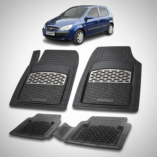 Set of black car floor mats with a blue car in the background