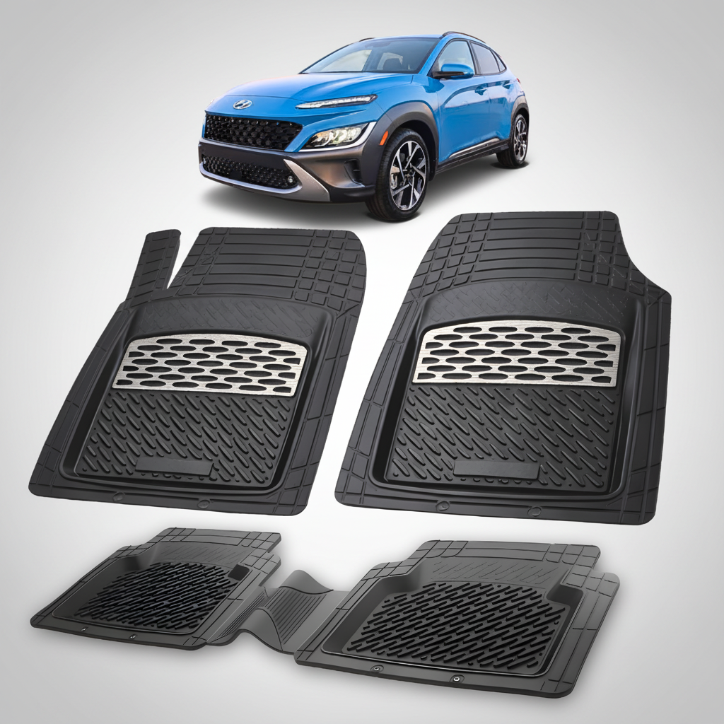 Set of black car floor mats with a blue SUV in the background