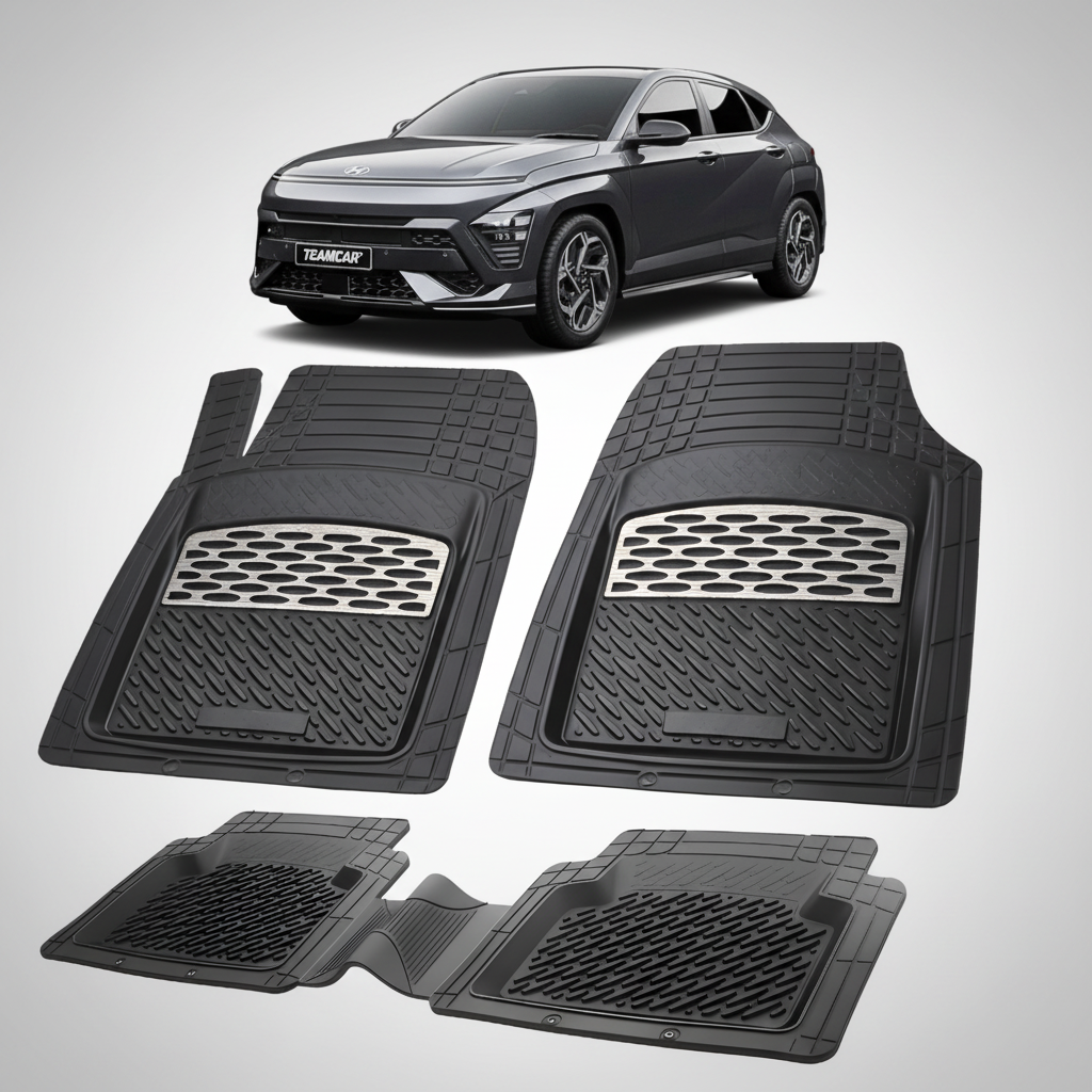 Set of black car floor mats with a car in the background