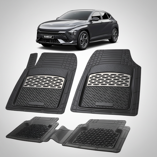 Set of black car floor mats with a car in the background