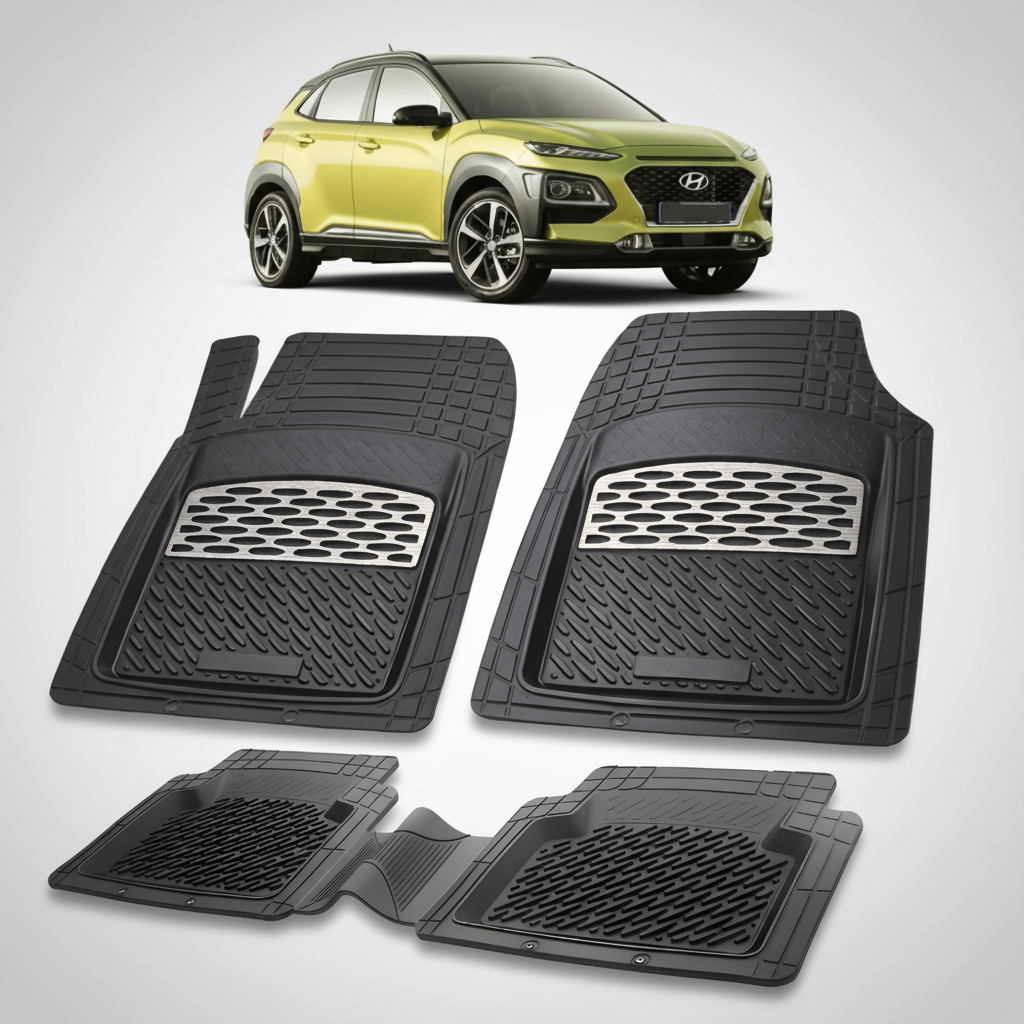 Set of black car floor mats with a yellow Hyundai Kona in the background