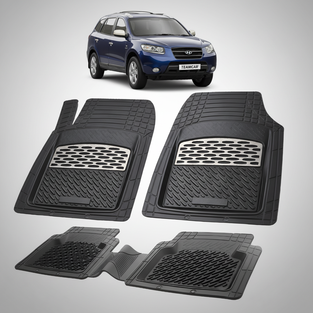 Set of black car floor mats with a Hyundai car in the background