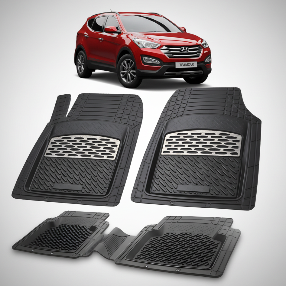 Set of black car floor mats with a red Hyundai Santa Fe in the background