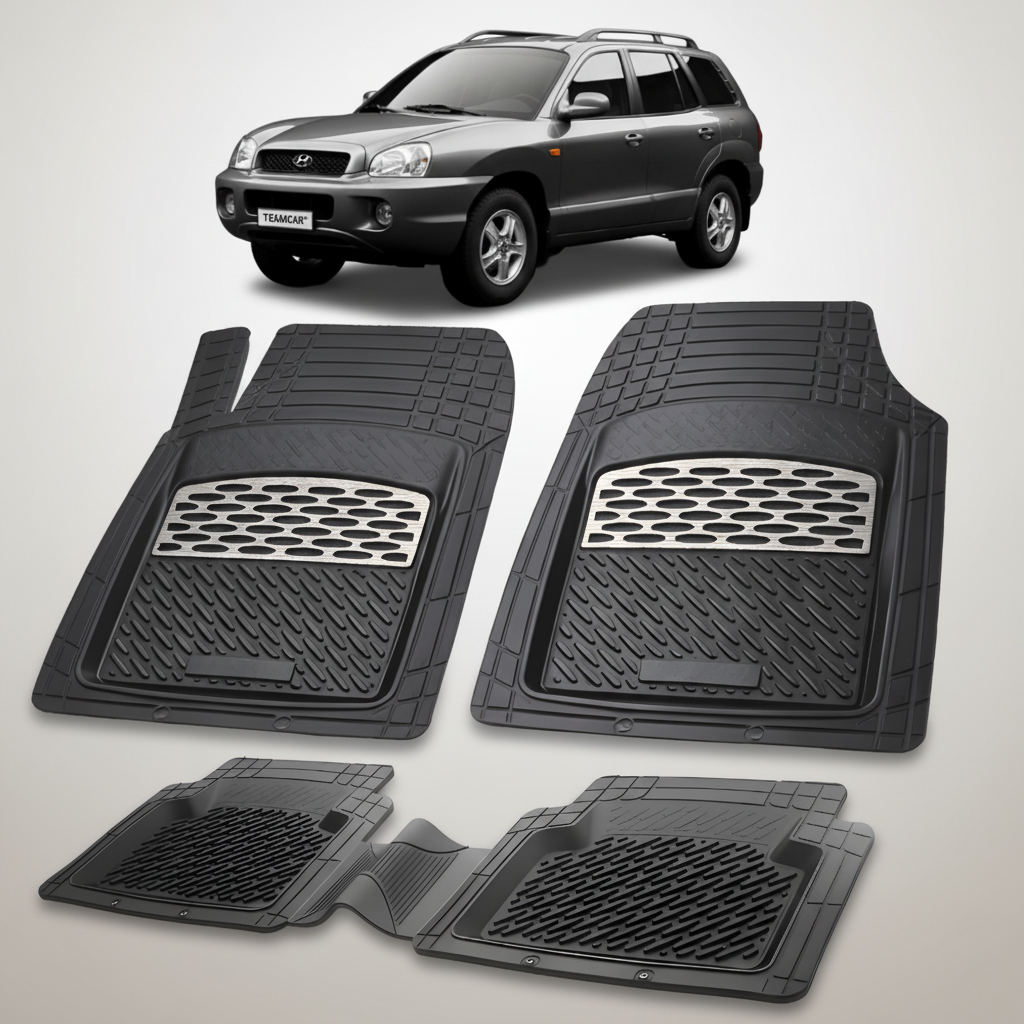 Set of black car floor mats with a car in the background