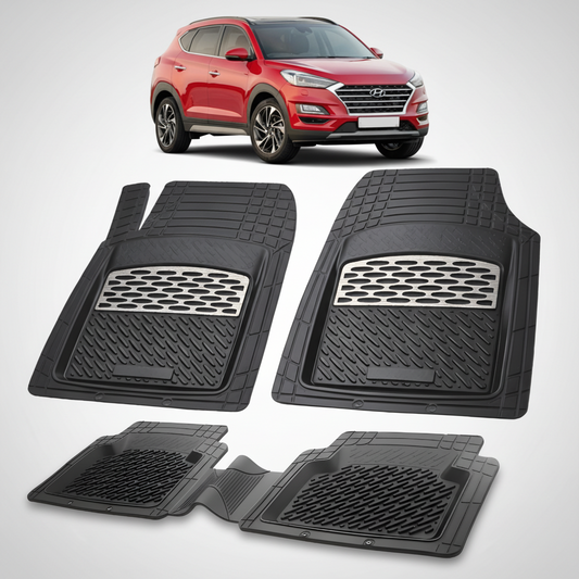 Set of black car floor mats with a red Hyundai SUV in the background