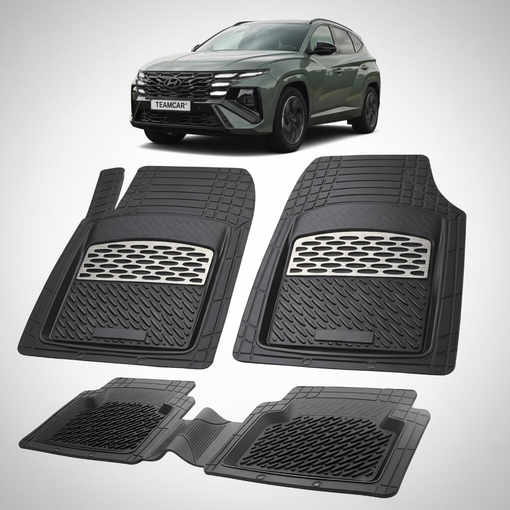 Set of black car floor mats with a Hyundai Tucson in the background