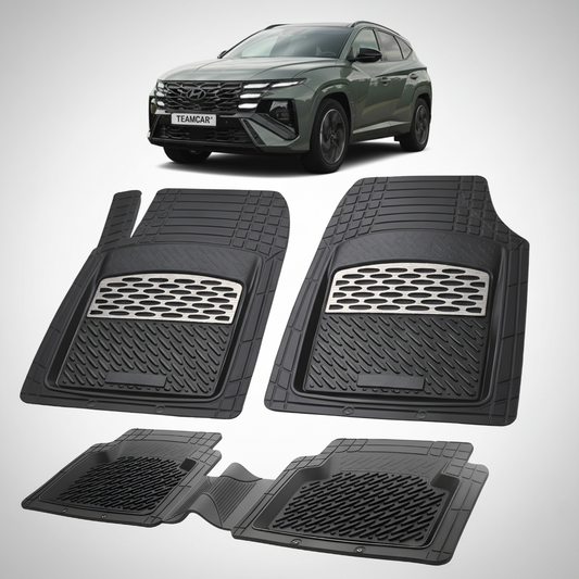 Set of black car floor mats with a Hyundai Tucson in the background