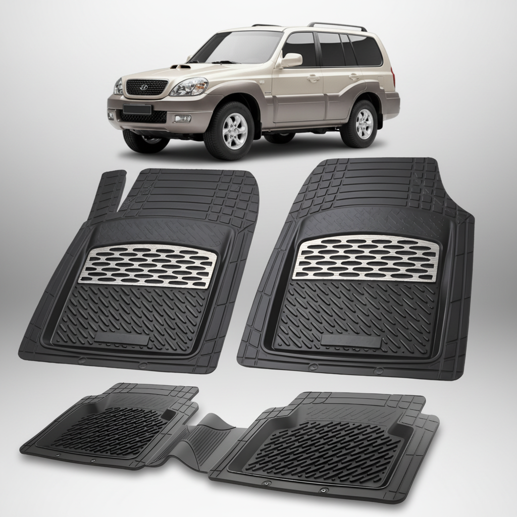 Set of black car floor mats with a vehicle in the background