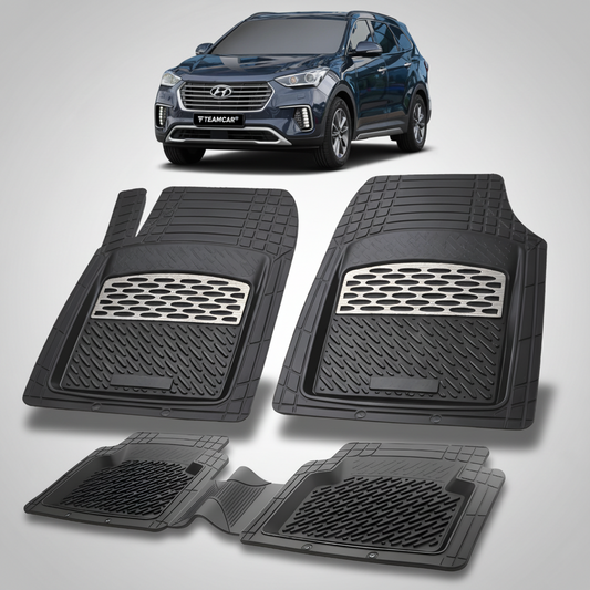 Set of black car floor mats with a Hyundai vehicle in the background
