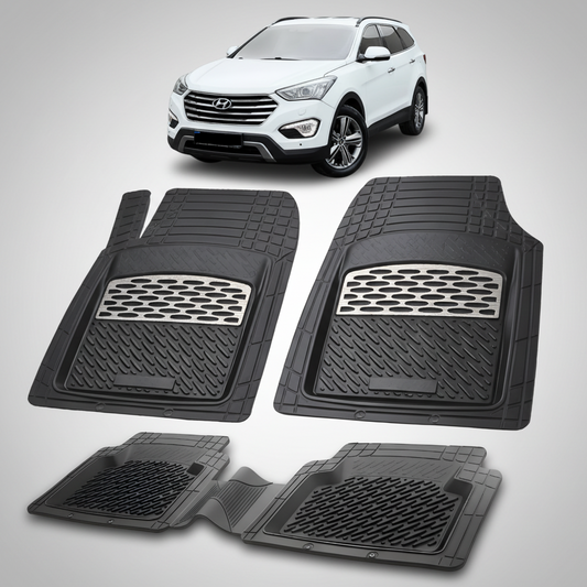 Set of black car floor mats with a white SUV in the background