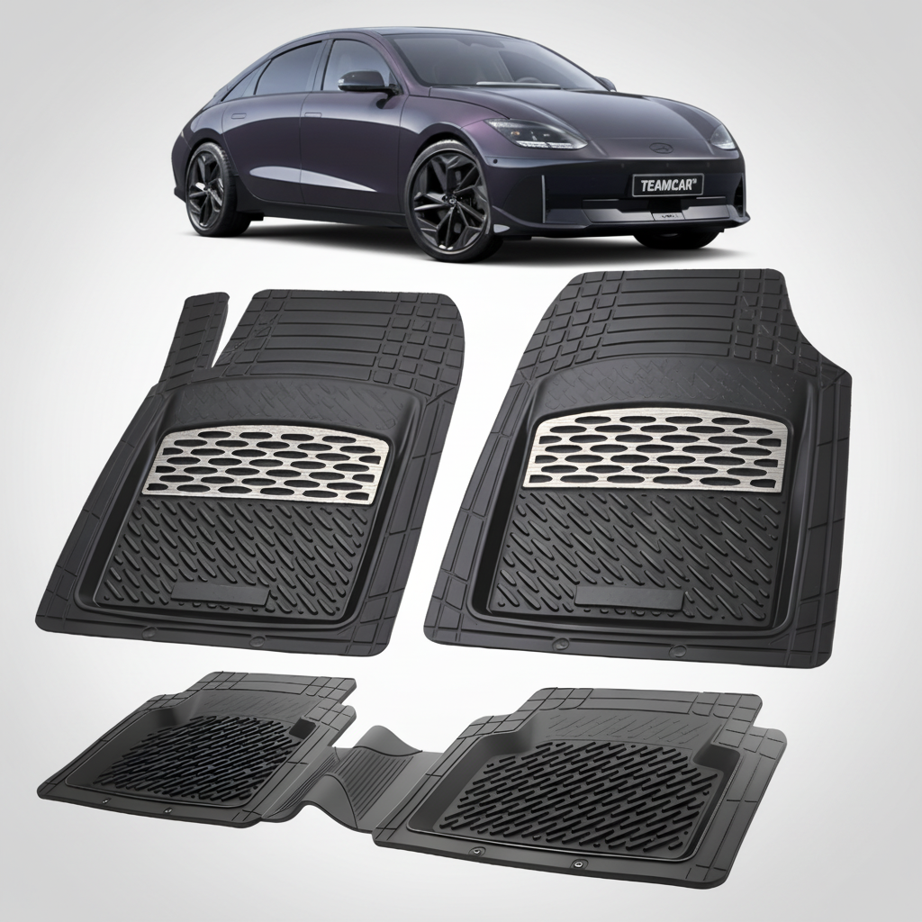 Set of black car floor mats with a car in the background