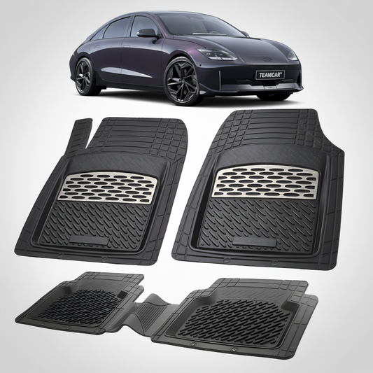 Set of black car floor mats with a car in the background