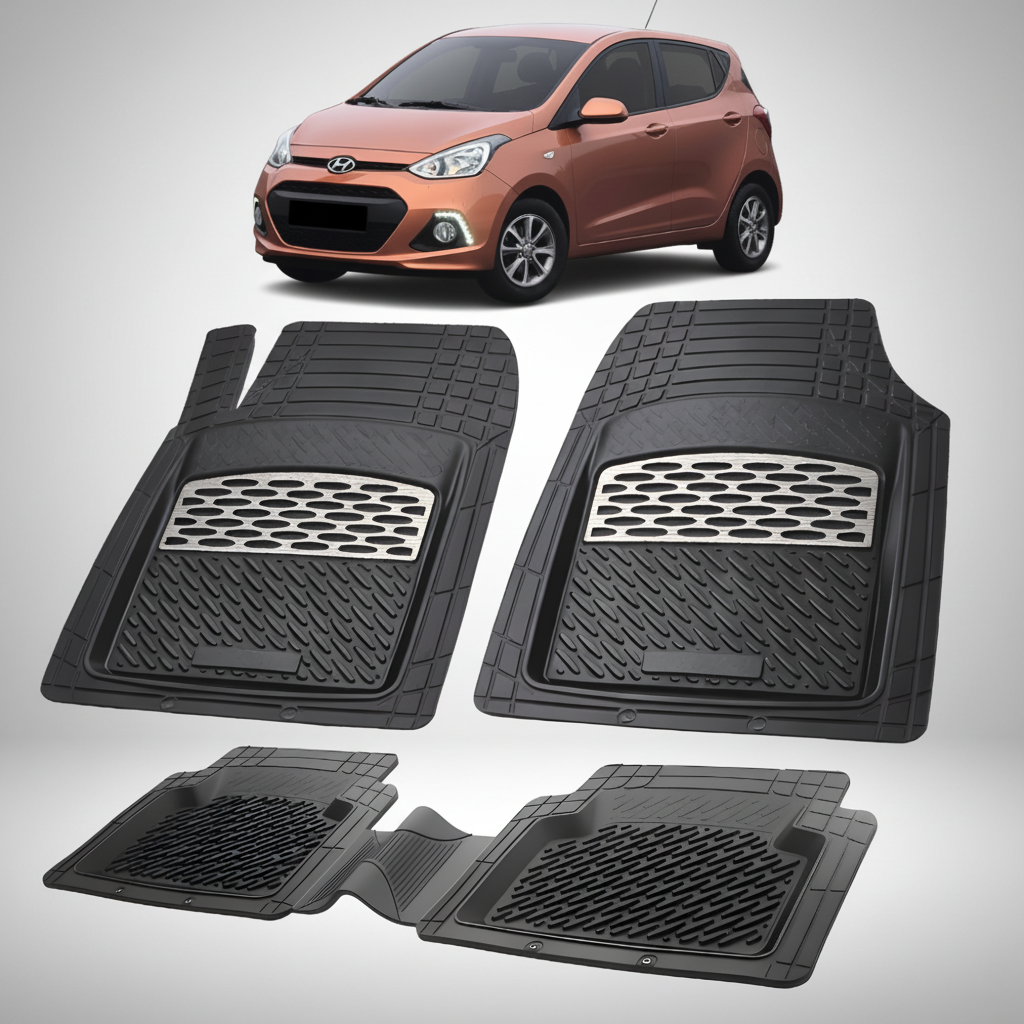 Set of black car floor mats with a small car in the background