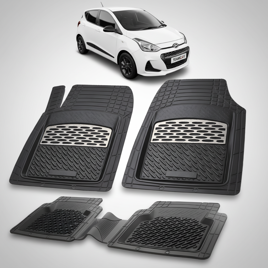 Set of black car floor mats with a white car in the background