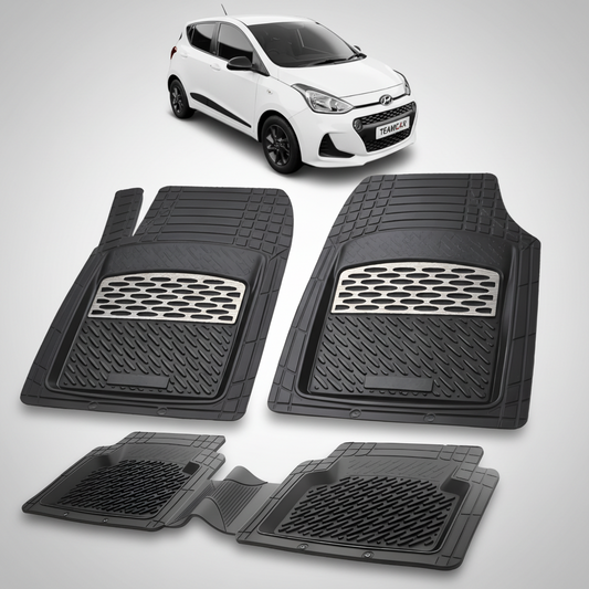 Set of black car floor mats with a white car in the background