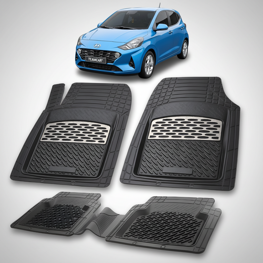 Set of black car floor mats with a blue car in the background