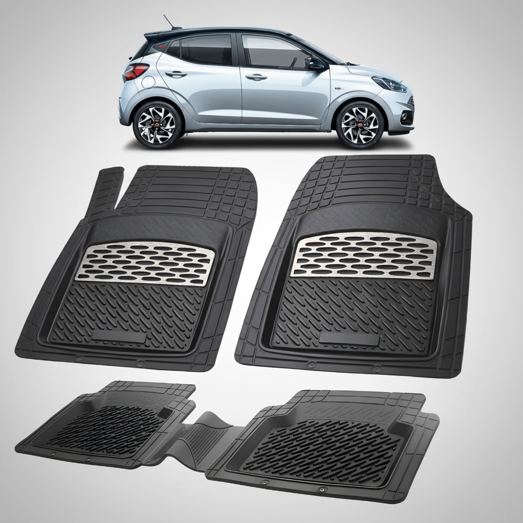 Set of black car floor mats with a car in the background