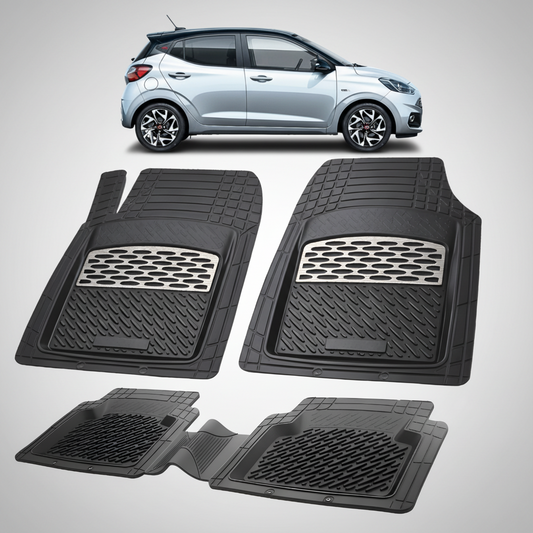 Set of black car floor mats with a car in the background