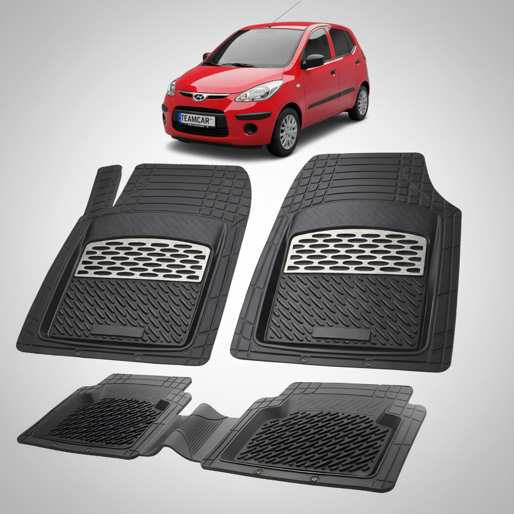 Set of black car floor mats with a red car in the background