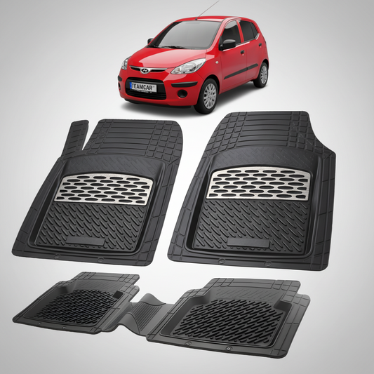 Set of black car floor mats with a red car in the background