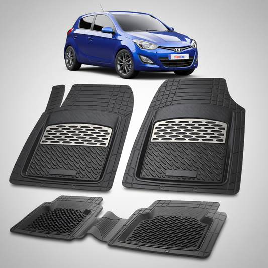 Set of black car mats with a blue car in the background